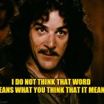 I do not think that word mean what you think it means | I DO NOT THINK THAT WORD MEANS WHAT YOU THINK THAT IT MEANS | image tagged in i do not think that word mean what you think it means | made w/ Imgflip meme maker