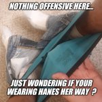 Well... are you ? | NOTHING OFFENSIVE HERE... JUST WONDERING IF YOUR WEARING HANES HER WAY  ? | image tagged in hanes her way,cute,walmart,panties,jeffrey,comment wanted | made w/ Imgflip meme maker