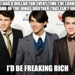 jonas brothers | IF I HAD A DOLLAR FOR EVERY TIME I'VE LOOKED UP THE NAME OF THE JONAS BROTHER THAT ISN'T JOE OR NICK; I'D BE FREAKING RICH | image tagged in jonas brothers,kevin jonas,who the heck is kevin jonas,no one remembers this dude | made w/ Imgflip meme maker