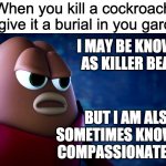 Brand new meme template idea! | When you kill a cockroach but give it a burial in you garden:; I MAY BE KNOWN AS KILLER BEAN; BUT I AM ALSO SOMETIMES KNOWN AS COMPASSIONATE BEAN | image tagged in compassionate killer bean,funny,memes | made w/ Imgflip meme maker