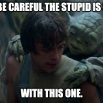 yoda and luke skywalker star wars | LUKE, BE CAREFUL THE STUPID IS STONG; WITH THIS ONE. | image tagged in yoda and luke skywalker star wars | made w/ Imgflip meme maker