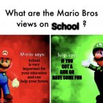 What Are the Mario Bros views on... | School; School is very important for your education and can help your future; IF YOU GOT A GUN GO HAVE SOME FUN | image tagged in what are the mario bros views on | made w/ Imgflip meme maker