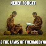 Zen Monks (Young) | NEVER FORGET; TO USE THE LAWS OF THERMODYNAMICS | image tagged in zen monks young | made w/ Imgflip meme maker