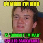Well would ya look at that, it sure does.  Now what do can do with THAT information? | DAMMIT I'M MAD; IS "DAMMIT I'M MAD"; SPELLED BACKWARDS | image tagged in stoned guy,words,funny,stranger things,bizarre/oddities | made w/ Imgflip meme maker