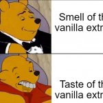 True. | Smell of the vanilla extract; Taste of the vanilla extract | image tagged in winnie the pooh,tuxedo winnie the pooh,tuxedo,ugly,vanilla,smell | made w/ Imgflip meme maker