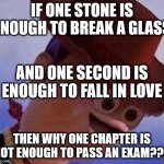 The Best Reason | IF ONE STONE IS ENOUGH TO BREAK A GLASS; AND ONE SECOND IS ENOUGH TO FALL IN LOVE; THEN WHY ONE CHAPTER IS NOT ENOUGH TO PASS AN EXAM??? | image tagged in what the | made w/ Imgflip meme maker