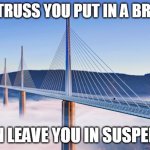 Bridge | THE TRUSS YOU PUT IN A BRIDGE; CAN LEAVE YOU IN SUSPENSE | image tagged in bridge | made w/ Imgflip meme maker