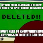 Strong Bad Email - Deleted | MY WIFE POINT-BLANK ASKED ME HOW MUCH MONEY I'VE SPENT DURING THIS SHUT DOWN; AND NOW I NEED TO KNOW WHICH BUTTON HILLARY PRESSED TO DELETE 33K EMAILS. | image tagged in strong bad email - deleted | made w/ Imgflip meme maker