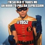 Robin | I'M SO OLD IT TAKES ME AN HOUR TO PULL AN EXPRESSION; #1952 | image tagged in robin | made w/ Imgflip meme maker