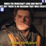 Cal Kestis Visible Confusion | WHEN THE MINECRAFT LAVA AND WATER MEET BUT THERE IS NO OBSIDAN THAT WAS CREATED | image tagged in cal kestis visible confusion | made w/ Imgflip meme maker