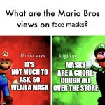 Mario v luigi | face masks; IT'S NOT MUCH TO ASK, SO WEAR A MASK; MASKS ARE A CHORE, COUGH ALL OVER THE STORE | image tagged in mario v luigi | made w/ Imgflip meme maker