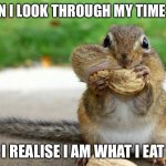 funny squirrel | WHEN I LOOK THROUGH MY TIME LINE; I REALISE I AM WHAT I EAT | image tagged in funny squirrel | made w/ Imgflip meme maker