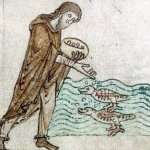 Medieval guy feeding ducks