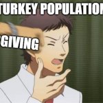 thanksgiving in a nutshell | TURKEY POPULATION; THANKSGIVING | image tagged in persona 4 adachi getting punched,persona 4 | made w/ Imgflip meme maker