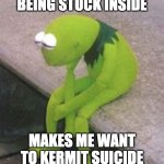 sad Kermit | BEING STUCK INSIDE; MAKES ME WANT TO KERMIT SUICIDE | image tagged in sad kermit,quarantine,depression | made w/ Imgflip meme maker