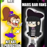 Kit Kats reign supreme | ME:; MARS BAR FANS; KIT KAT IS PERFECTION; ... | image tagged in the loud house,memes | made w/ Imgflip meme maker