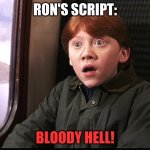 Ron Weasly | RON'S SCRIPT:; BLOODY HELL! | image tagged in ron weasly | made w/ Imgflip meme maker