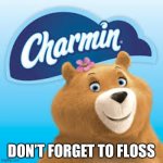 Charmin doesn’t give a Shit! | DON’T FORGET TO FLOSS | image tagged in charmin doesnt give a shit | made w/ Imgflip meme maker