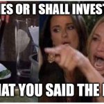A Mood I'm In | BELIVE MY LIES OR I SHALL INVEST IN BITCOIN; THAT'S WHAT YOU SAID THE LAST TIME! | image tagged in woman yelling at cat flip | made w/ Imgflip meme maker