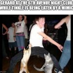 Party hard cat | GERARD AT THE 6TH AVENUE NIGHT CLUB WHILE TINKLE IS BEING EATEN BY A MIMIC | image tagged in party hard cat | made w/ Imgflip meme maker