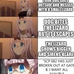 Oh No | YOUR DOG GOES OUTSIDE AND MESSES WITH A SMALL LIZARD; DOG BITES THE LIZARD BUT IT ESCAPES; THE LIZARD GROWS BIGGER AND SIRENS BLARE | image tagged in scp 682 hus just- | made w/ Imgflip meme maker