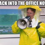 Dwight Hazmat | GOING BACK INTO THE OFFICE NOWADAYS | image tagged in dwight hazmat | made w/ Imgflip meme maker