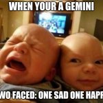 gemini | WHEN YOUR A GEMINI; TWO FACED: ONE SAD ONE HAPPY | image tagged in gemini | made w/ Imgflip meme maker