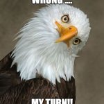 bald eagle tilt | WRONG .... MY TURN!! | image tagged in bald eagle tilt | made w/ Imgflip meme maker
