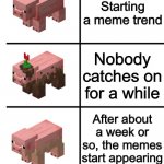 Pig, Muddy Pig, and Dirty Pig | Starting a meme trend; Nobody catches on for a while; After about a week or so, the memes start appearing | image tagged in pig muddy pig and dirty pig | made w/ Imgflip meme maker