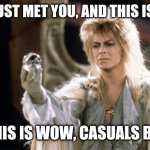 labyrinthDavidBowie | HEY, I JUST MET YOU, AND THIS IS CRAZY; BUT THIS IS WOW, CASUALS BE LAZY. | image tagged in labyrinthdavidbowie | made w/ Imgflip meme maker