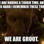 I Was Groot | WHEN WE ARE HAVING A TOUGH TIME, AND THINGS ARE GETTING HARD I REMEMBER THESE THREE WORDS. WE ARE GROOT. | image tagged in i was groot | made w/ Imgflip meme maker