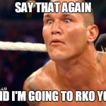 Randy Orton | SAY THAT AGAIN; AND I'M GOING TO RKO YOU | image tagged in randy orton | made w/ Imgflip meme maker