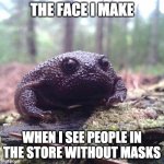 Judging you | THE FACE I MAKE; WHEN I SEE PEOPLE IN THE STORE WITHOUT MASKS | image tagged in angry avocado | made w/ Imgflip meme maker