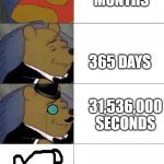 tuxedo winne the pooh year | 12 MONTHS; 365 DAYS; 31,536,000 SECONDS; 1 YEAR | image tagged in tuxedo winnie the pooh,year,second,months,days,memes | made w/ Imgflip meme maker