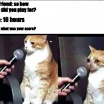 sad cat interview | Friend: so how long did you play for? Me: 10 hours; Friend: what was your score? | image tagged in sad cat interview | made w/ Imgflip meme maker