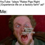 “Experience life on a factory farm“ ad in a nutshell | YouTube: *plays "Raise Pigs Right | Experience life on a factory farm" ad*; Me:; “Experience life on a factory farm” Ad | image tagged in home alone marv spider,ever hear the sound of suffering,youtube ads,memes | made w/ Imgflip meme maker