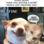 Me VS Inner me | "HOW'S SCHOOL"
"HOWS WORK"
"HAVE YOU GOTTEN A GF/BF"
"HOW'S LIFE TREATING YOU"; ME: FINE; SHUT UP BITCH! | image tagged in calm but angry chihuahua,myself,chihuahua,bitch | made w/ Imgflip meme maker