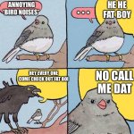 Annoying Crow | ANNOYING *BIRD NOISES*; . . . HE HE FAT BOY; NO CALL ME DAT; HEY EVERY ONE COME CHECK OUT FAT BOI | image tagged in annoying crow | made w/ Imgflip meme maker
