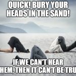 ostrich head in sand | QUICK! BURY YOUR HEADS IN THE SAND! IF WE CAN'T HEAR THEM, THEN IT CAN'T BE TRUE | image tagged in ostrich head in sand | made w/ Imgflip meme maker
