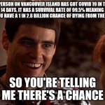Covid death chance | 1 PERSON ON VANCOUVER ISLAND HAS GOT COVID 19 IN THE LAST 14 DAYS, IT HAS A SURVIVAL RATE OF 99.5% MEANING EACH DAY YOU HAVE A 1 IN 2.8 BILLION CHANCE OF DYING FROM THE VIRUS. SO YOU'RE TELLING ME THERE'S A CHANCE | image tagged in dumb and dumber | made w/ Imgflip meme maker