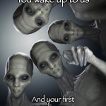 Waking up to Greys | You wake up to us; And your first words  are... | image tagged in waking up to greys,grey aliens,aliens,grays,waking up aliens | made w/ Imgflip meme maker