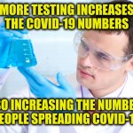 Stay safe | MORE TESTING INCREASES THE COVID-19 NUMBERS; ALSO INCREASING THE NUMBERS: PEOPLE SPREADING COVID-19 | image tagged in guy holding test tube,social distancing,mask,covid-19,pandemic | made w/ Imgflip meme maker