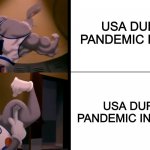 COVID-19 Situation when handled by America | USA DURING A PANDEMIC IN MOVIES; USA DURING A PANDEMIC IN REAL LIFE | image tagged in bugs bunny muscles,covid-19,pandemic,usa | made w/ Imgflip meme maker