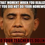 Dolingo!!! | THAT MOMENT WHEN YOU REALIZE THAT YOU DID NOT DO YOUR HOMEWORK... AND YOUR TEACHER IS DOLINGO | image tagged in that moment when you realize that you have too much homework and | made w/ Imgflip meme maker