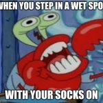 W E T  S P O T | WHEN YOU STEP IN A WET SPOT; WITH YOUR SOCKS ON | image tagged in w e t s p o t | made w/ Imgflip meme maker