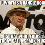 jack roush on a dangle noodle | WELL WHAT IS A DANGLE NOODLE; IS THAT WHAT FOLKS TODAY CALL A SPARK PLUG | image tagged in jack roush | made w/ Imgflip meme maker