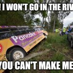 You can't make me | NO! I WON'T GO IN THE RIVER! YOU CAN'T MAKE ME! | image tagged in pancaked | made w/ Imgflip meme maker