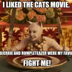 I LIKED IT!!! | I LIKED THE CATS MOVIE. (MUNGOJERRIE AND RUMPLETEAZER WERE MY FAVORITES!); FIGHT ME! | image tagged in cats movie | made w/ Imgflip meme maker