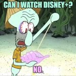 Squidward Wants to Watch Disney+ | CAN I WATCH DISNEY+? NO. | image tagged in squidward conch shell,disney plus | made w/ Imgflip meme maker