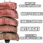 How steak should be | THATS JUST DISGUSTING...SERIOUSLY; BARELY TOLERABLE; EDIBLE I SUPPOSE; JUST RIGHT; A LITTLE TOO CHEWY BUT STILL EDIBLE | image tagged in steak | made w/ Imgflip meme maker